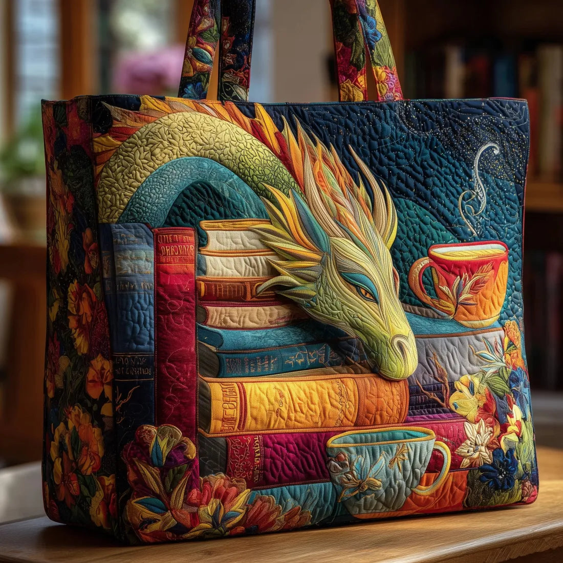 Håndlaget Drage Tote Bag med Bøker og Kopper